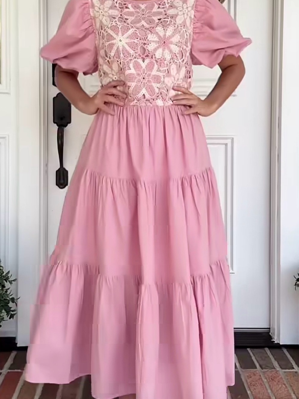 Romantic Pink Lace-Bodice Tiered Maxi Dress